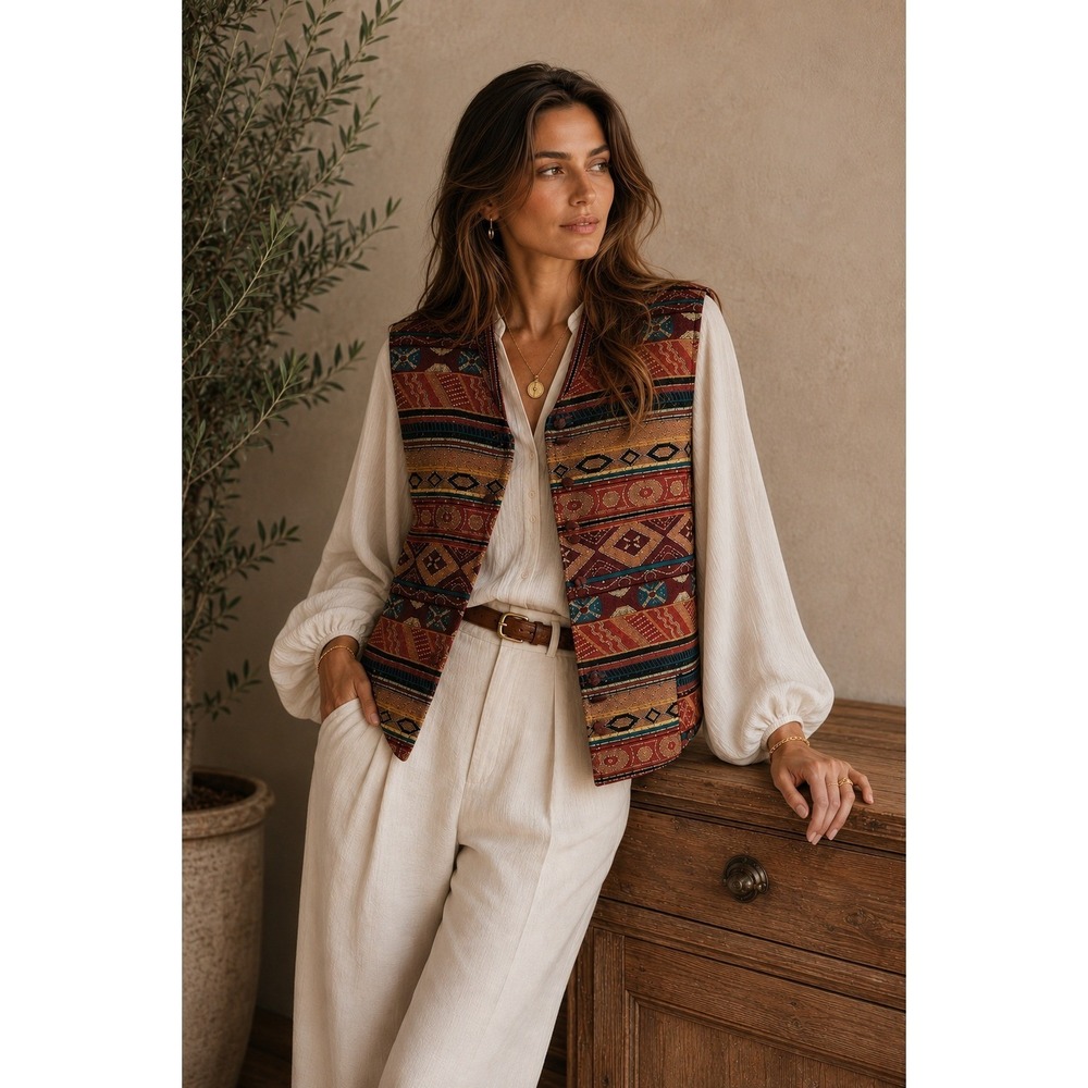 VTG 90s BonWorth Boho Tapestry Vest Women PM Brown Aztec Southwestern Fall Layer